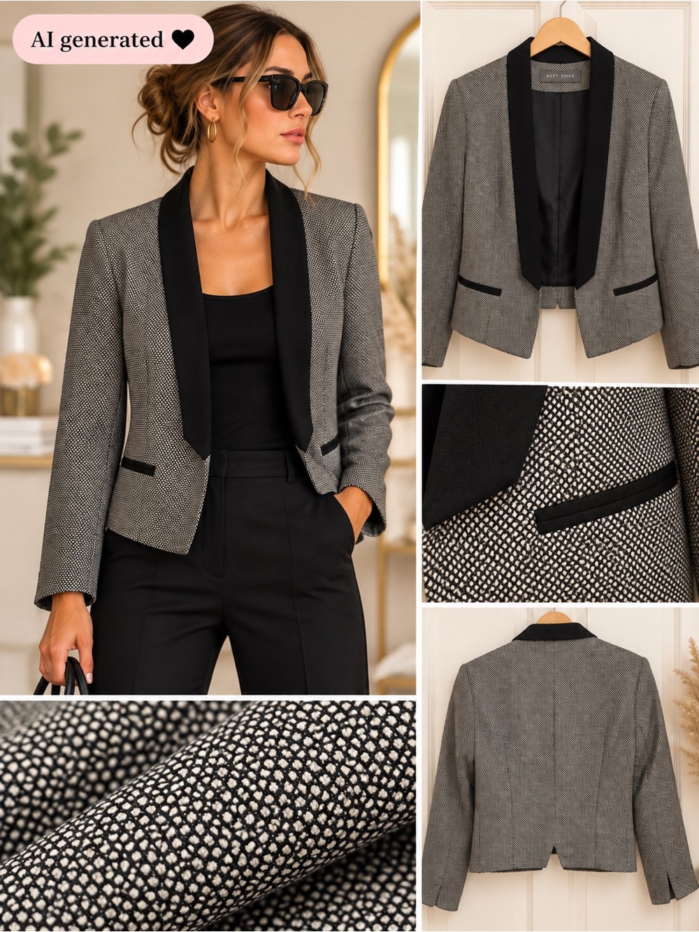 Suzy Shier Black & White Textured Cropped Blazer | Black Lapels | M